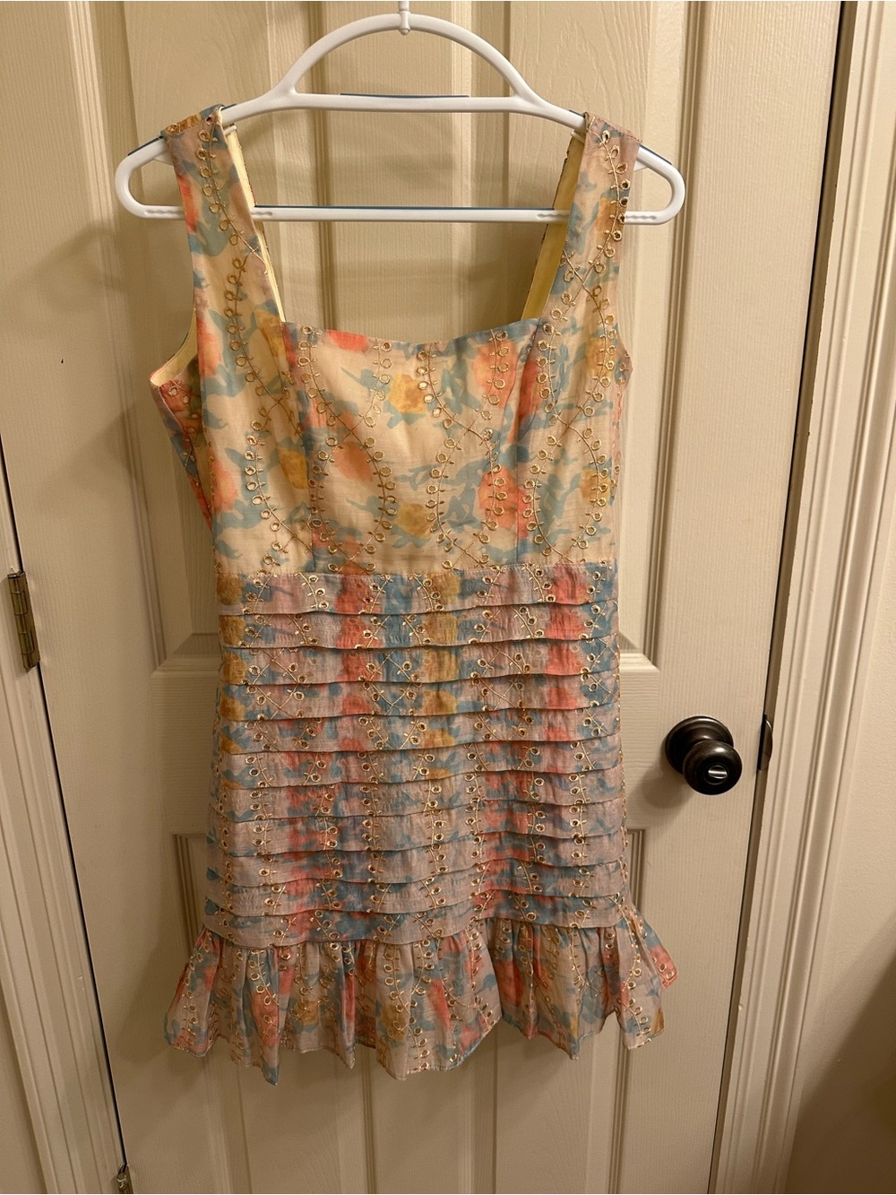 Floral Eyelet Tiered Mini Dress in Pastel Multi